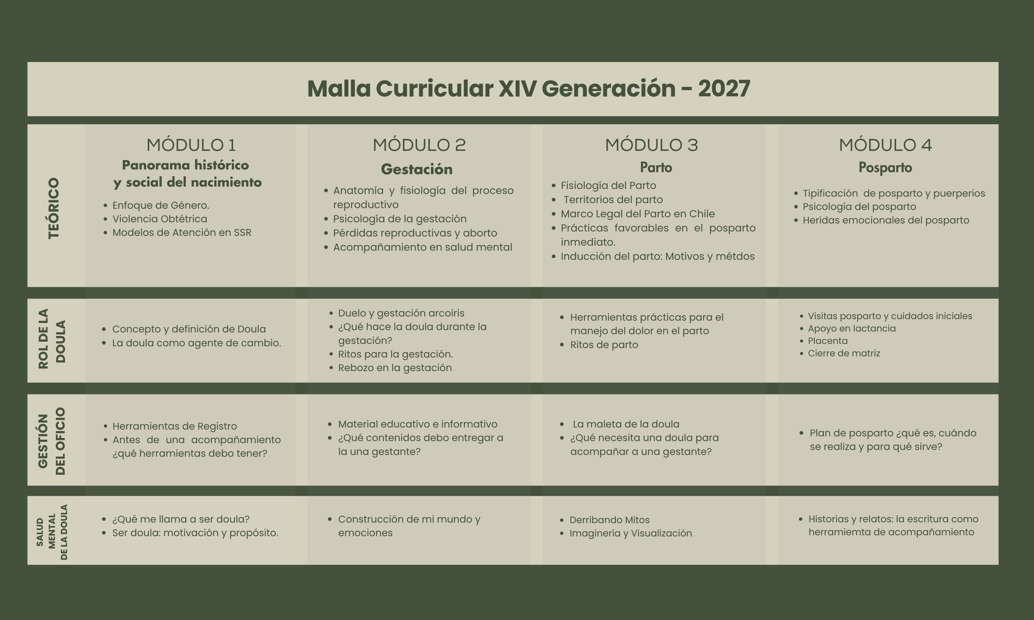 Malla Curricular XIV Generación 2027: contenidos teóricos, rol de la doula, gestión del acompañamiento y trabajo personal